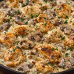 Creamy Chicken Stroganoff served with egg noodles and fresh herbs.