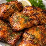 Marinated chicken thighs ready for grilling with herbs and spices.