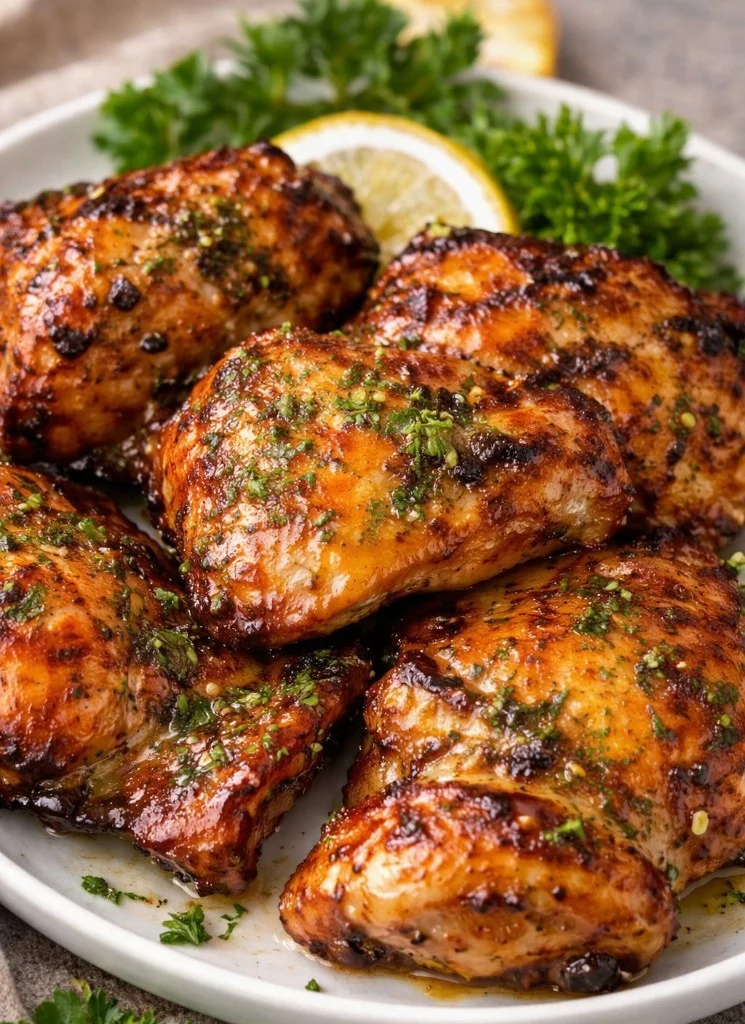 Marinated chicken thighs ready for grilling with herbs and spices.