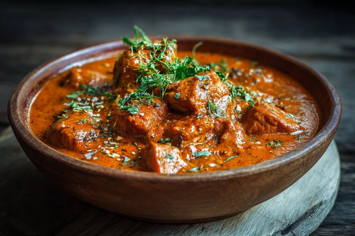Plate of Chicken Tikka Masala served with rice and naan bread
