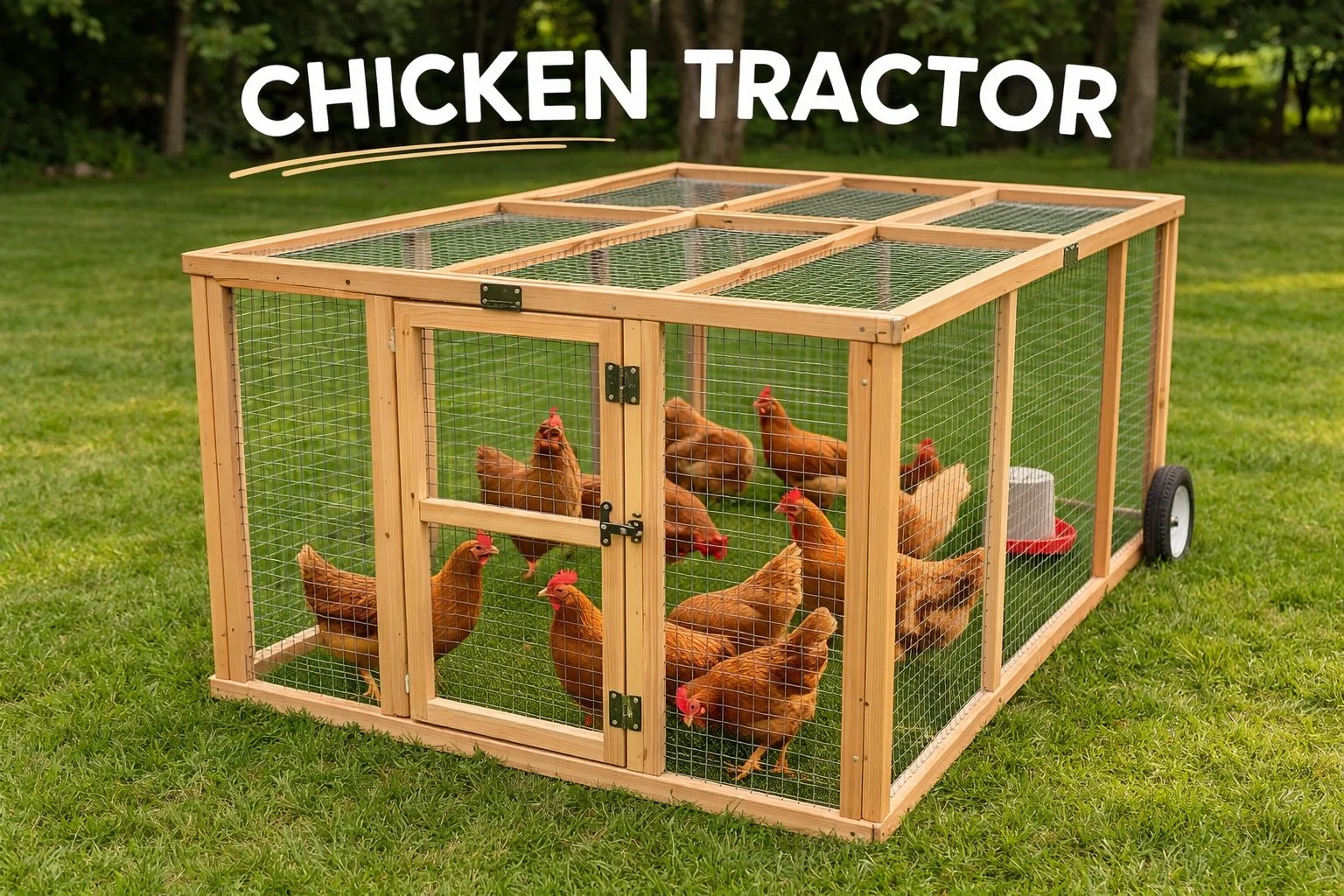 A wooden chicken tractor with chickens grazing on grass in a backyard farm setting.