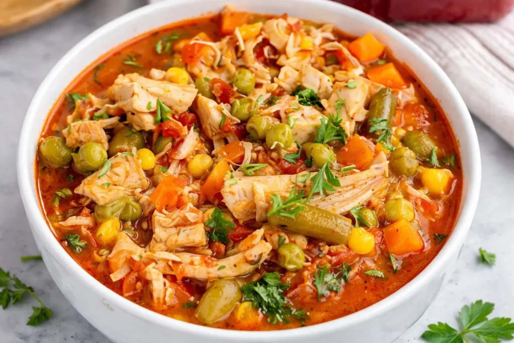 A warm bowl of chicken vegetable soup filled with fresh vegetables and tender chicken.