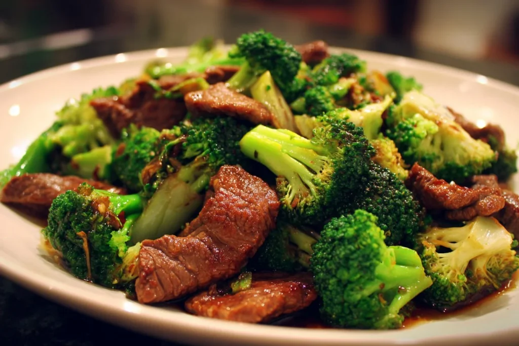 Chinese beef and broccoli stir-fry served on a plate