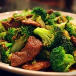 Chinese beef and broccoli stir-fry served on a plate