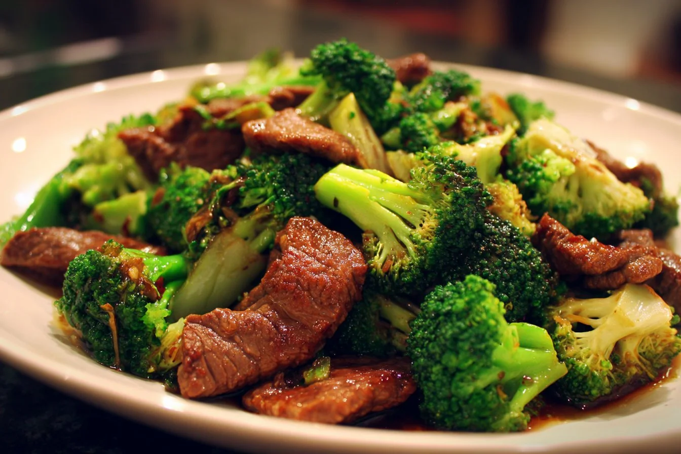 Chinese beef and broccoli stir-fry served on a plate