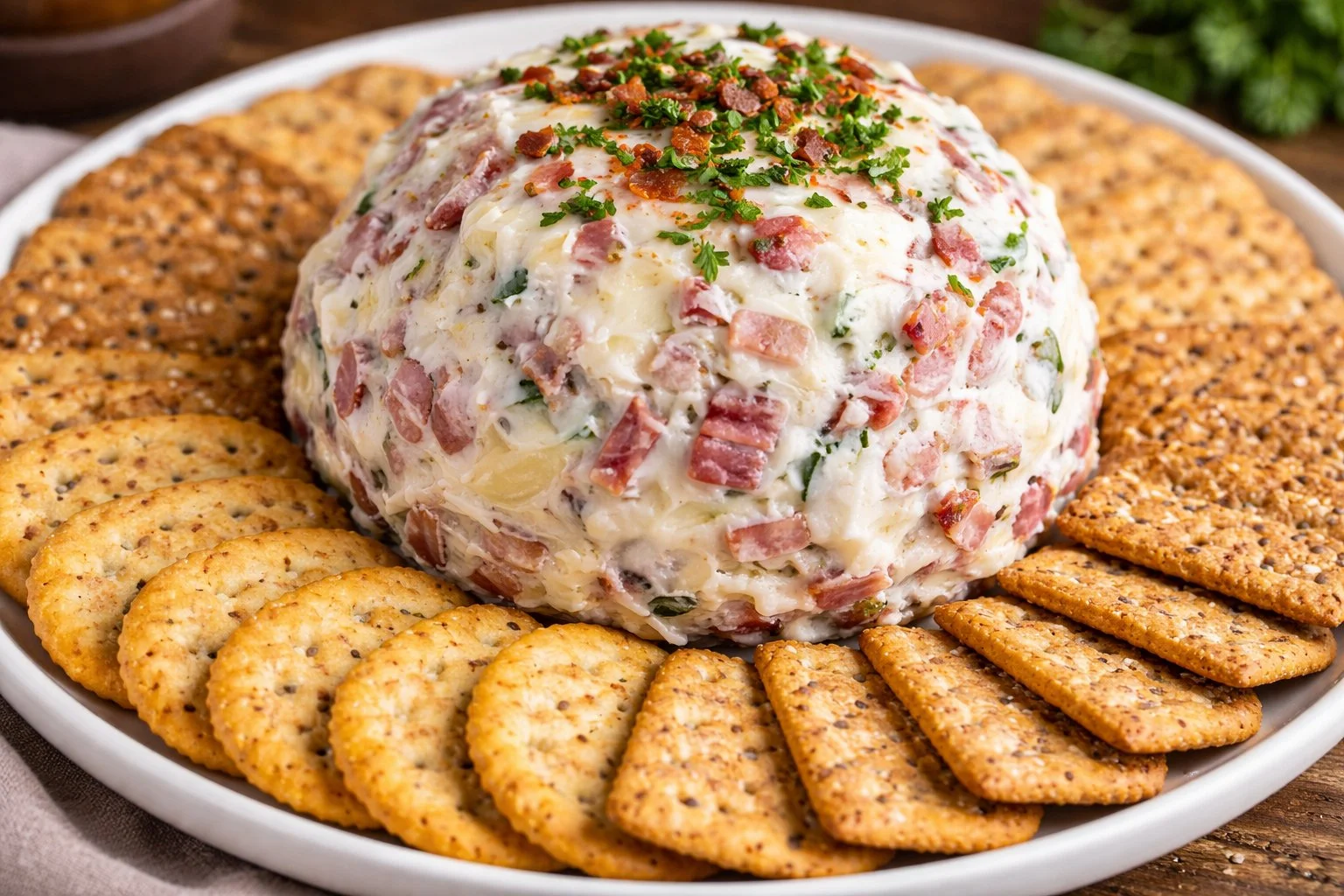 Chipped Beef Cheeseball served on a platter with crackers