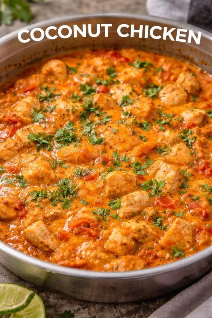 Delicious Coconut Chicken served with fresh herbs and lime on a plate