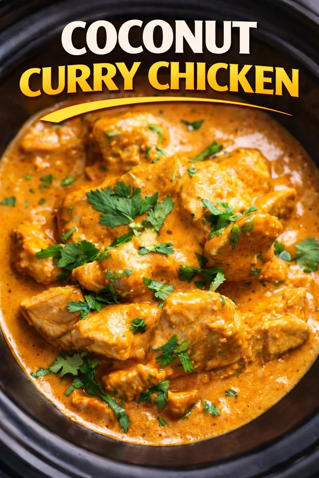 Delicious Coconut Curry Chicken served with rice and garnished with fresh herbs