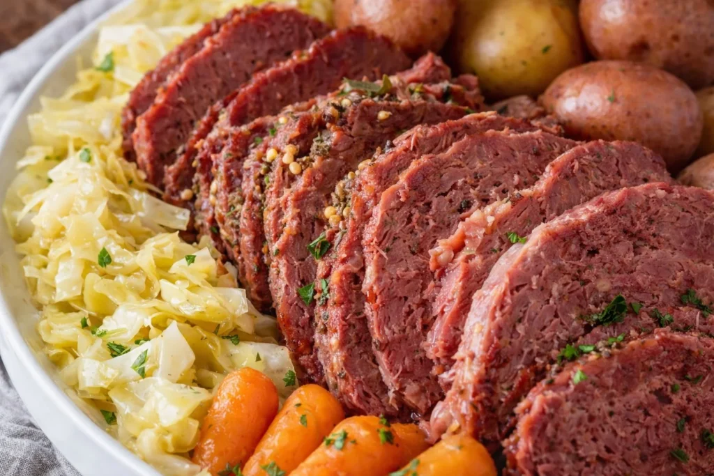 Delicious plate of corned beef and cabbage served with carrots and potatoes.