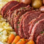 Delicious plate of corned beef and cabbage served with carrots and potatoes.