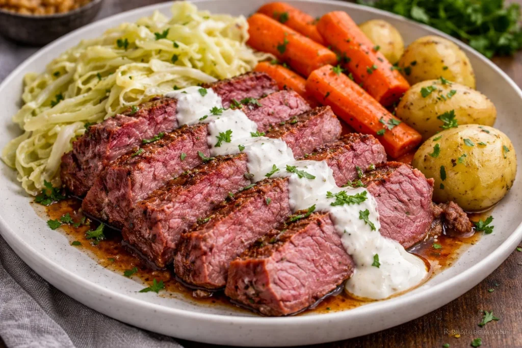 Delicious corned beef and cabbage served on a plate