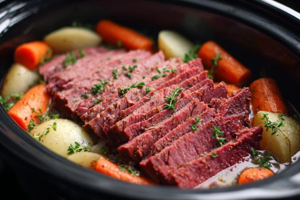 Slow-cooked corned beef brisket in a crock pot, ready to serve