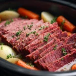 Slow-cooked corned beef brisket in a crock pot, ready to serve