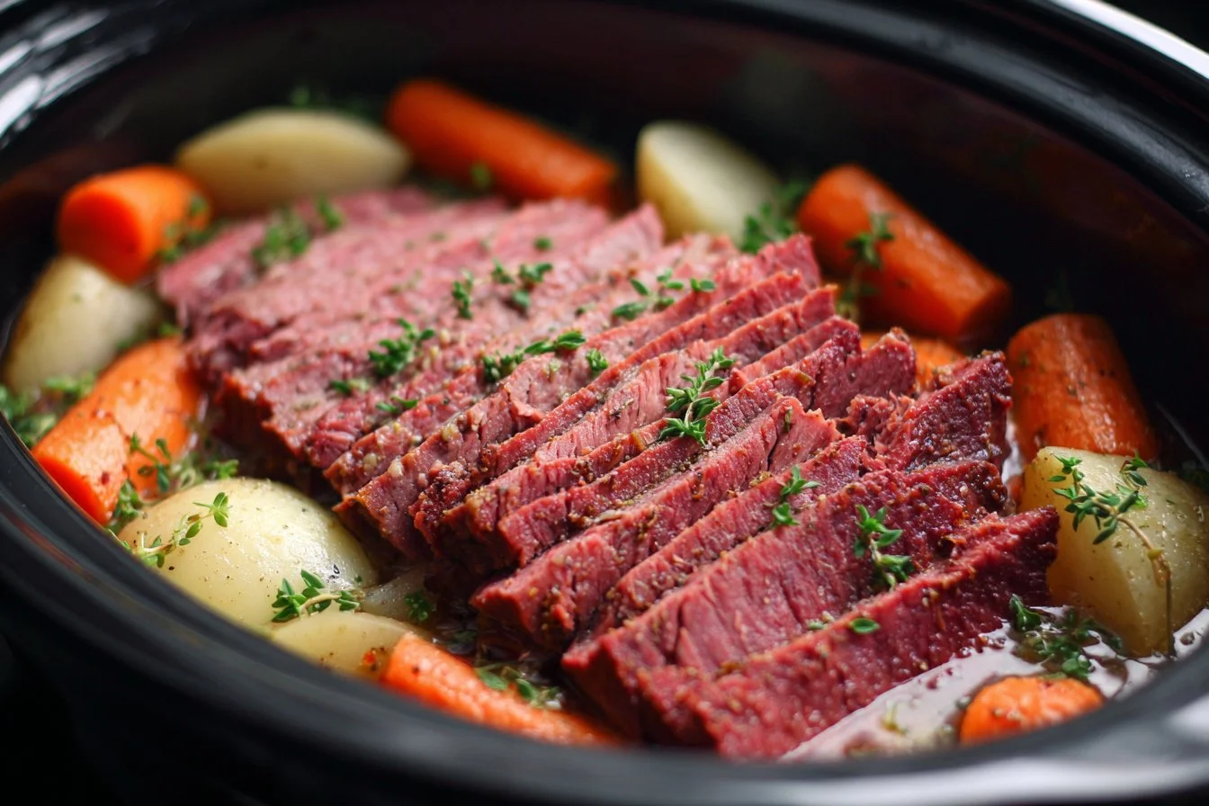 Slow-cooked corned beef brisket in a crock pot, ready to serve