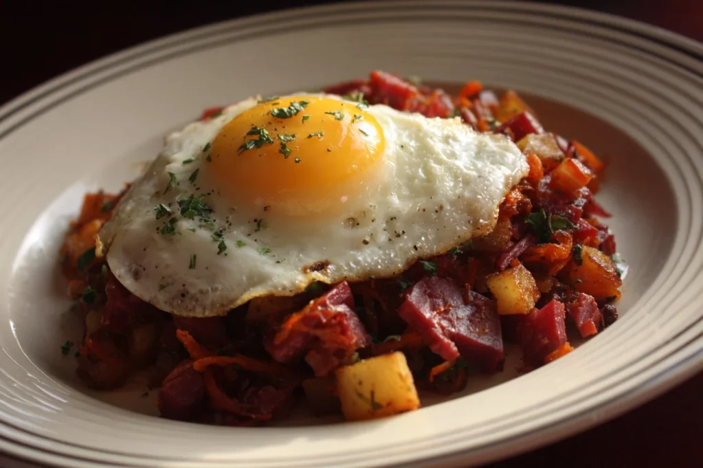 Delicious Corned Beef Hash served in a skillet with herbs and eggs