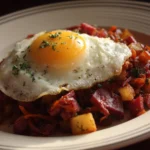 Delicious Corned Beef Hash served in a skillet with herbs and eggs