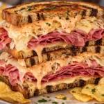 Delicious corned beef sandwich served with mustard and pickles on rye bread