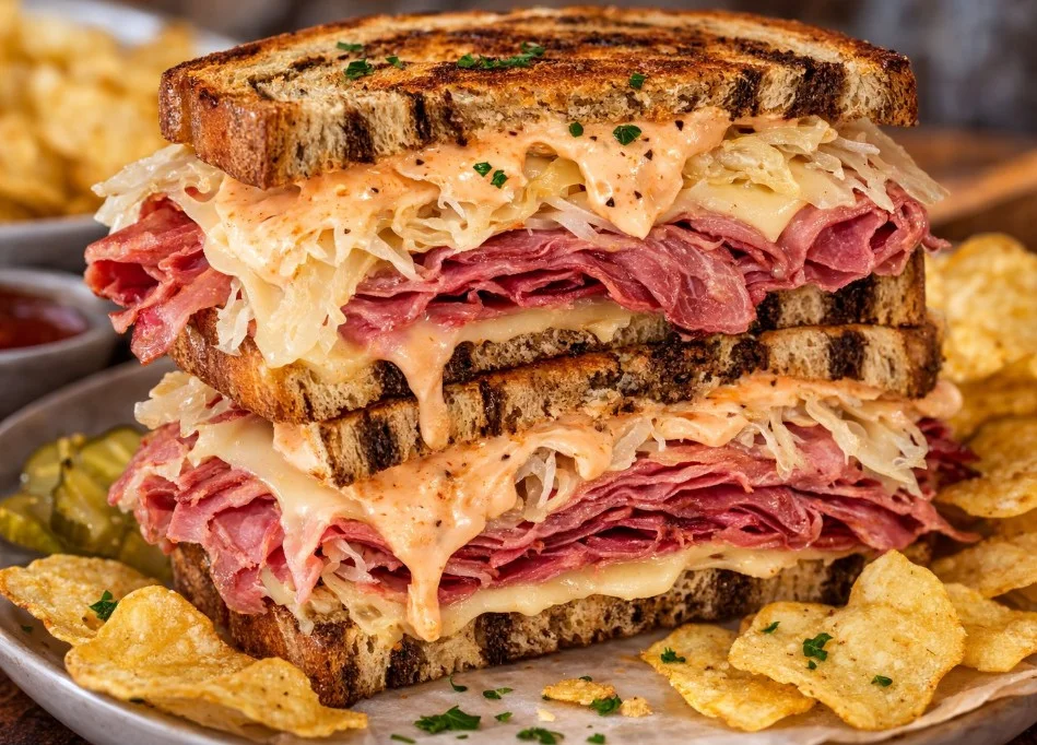 Delicious corned beef sandwich served with mustard and pickles on rye bread