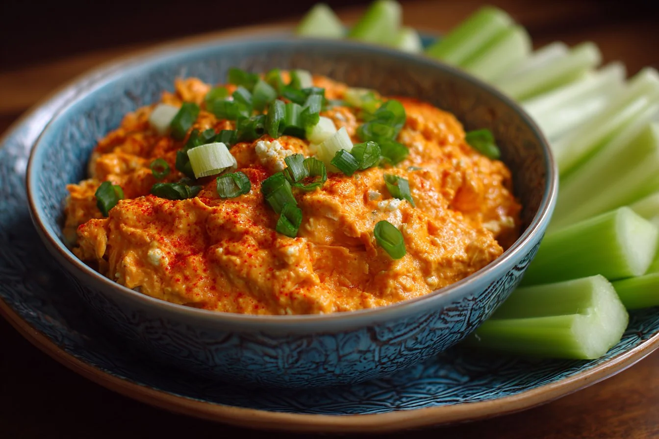 Delicious Cottage Cheese Buffalo Chicken Dip served with chips