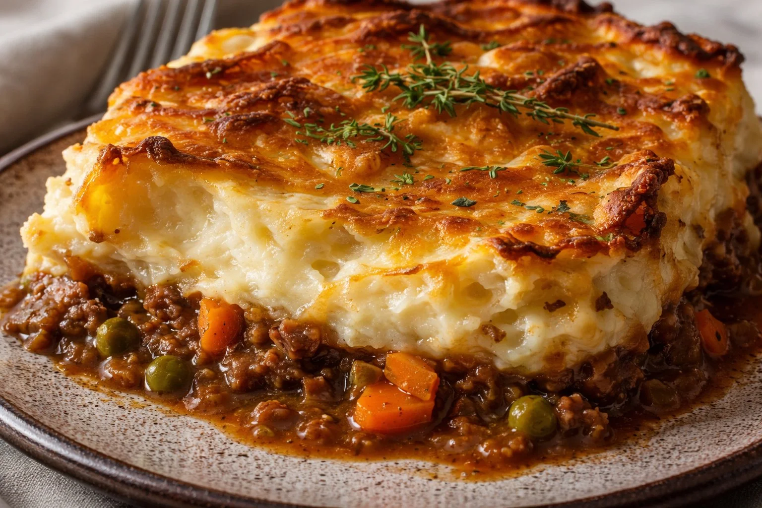 Delicious Cottage Pie with mashed potatoes and ground meat on a plate