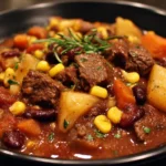 Delicious homemade Cowboy Stew in a rustic bowl garnished with herbs
