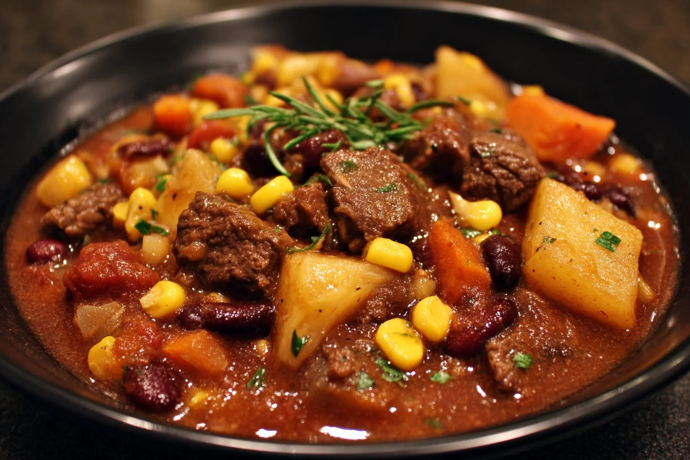 Delicious homemade Cowboy Stew in a rustic bowl garnished with herbs
