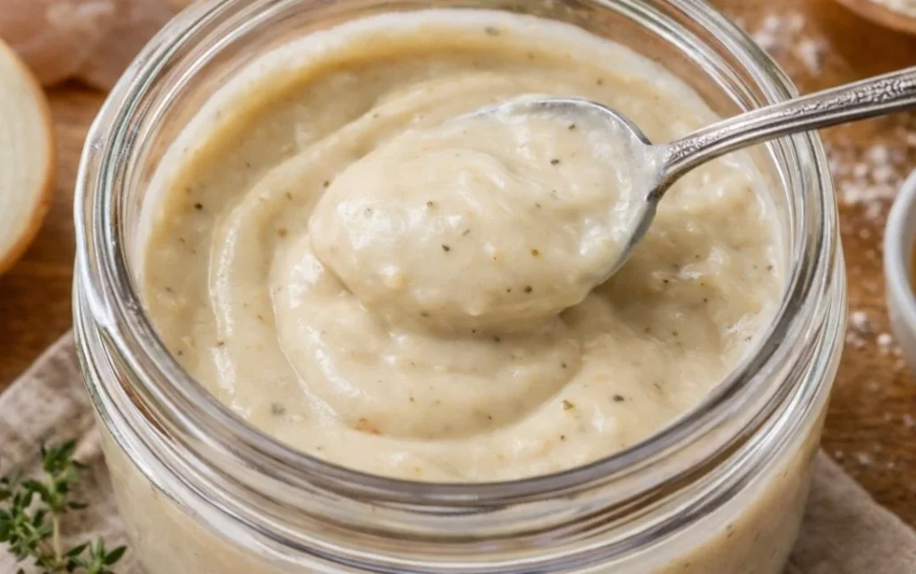 Bowl of creamy chicken soup garnished with herbs and served with bread.