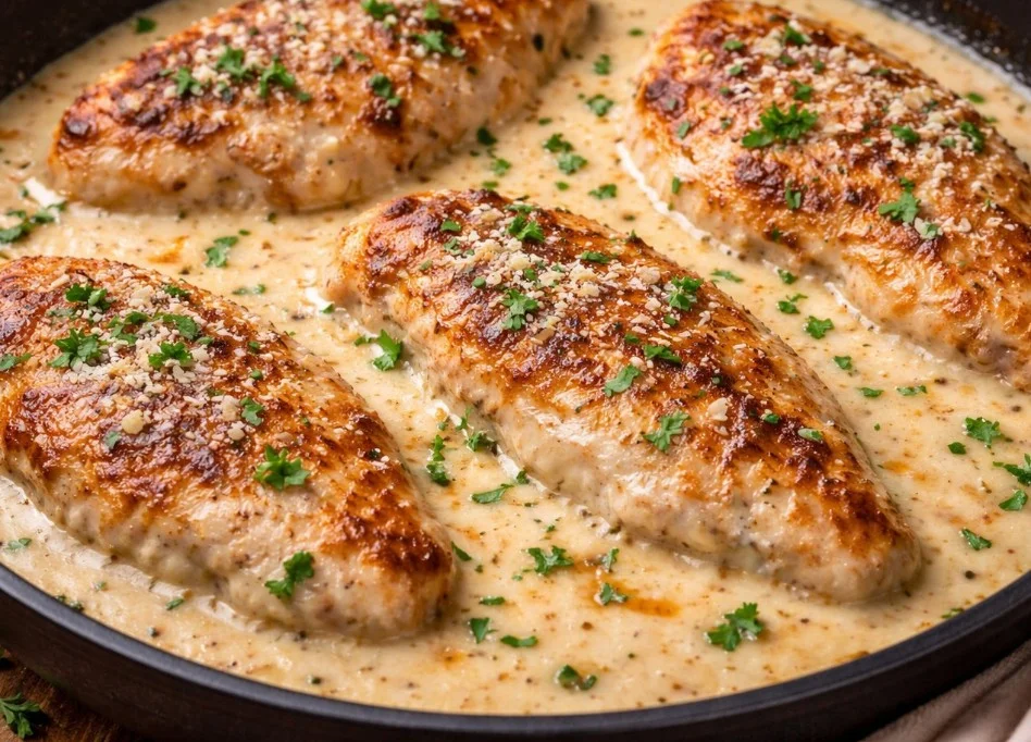Delicious creamy chicken dish served on a plate with fresh herbs