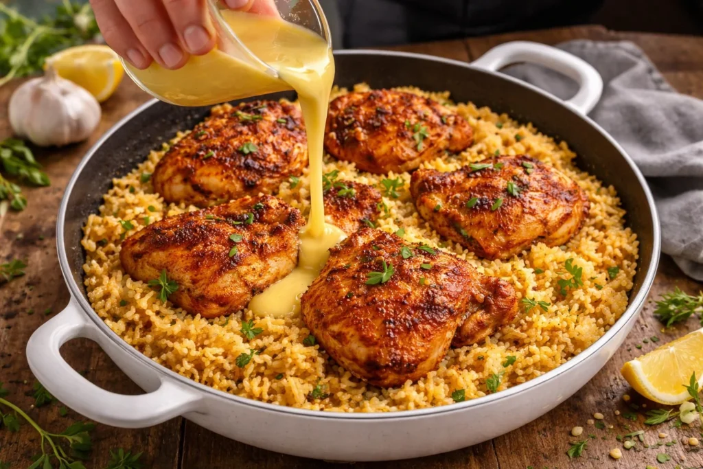 Creamy chicken and rice dish garnished with herbs on a plate