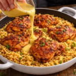 Creamy chicken and rice dish garnished with herbs on a plate