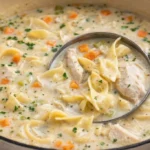 Bowl of creamy chicken soup garnished with herbs