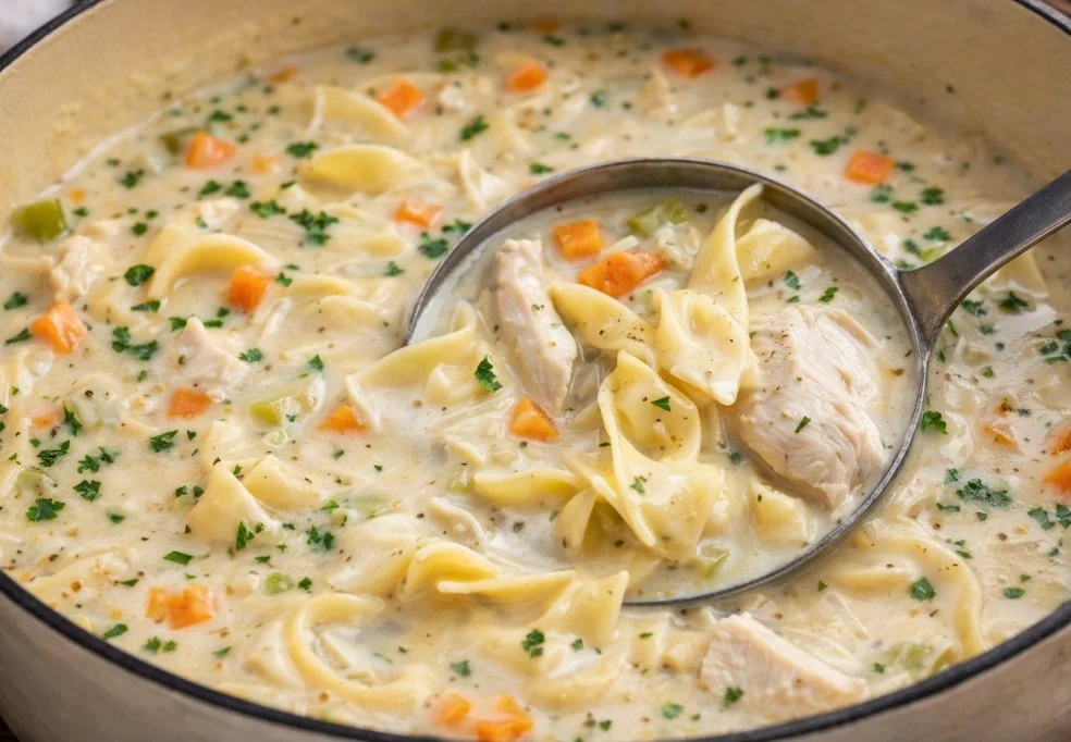Bowl of creamy chicken soup garnished with herbs