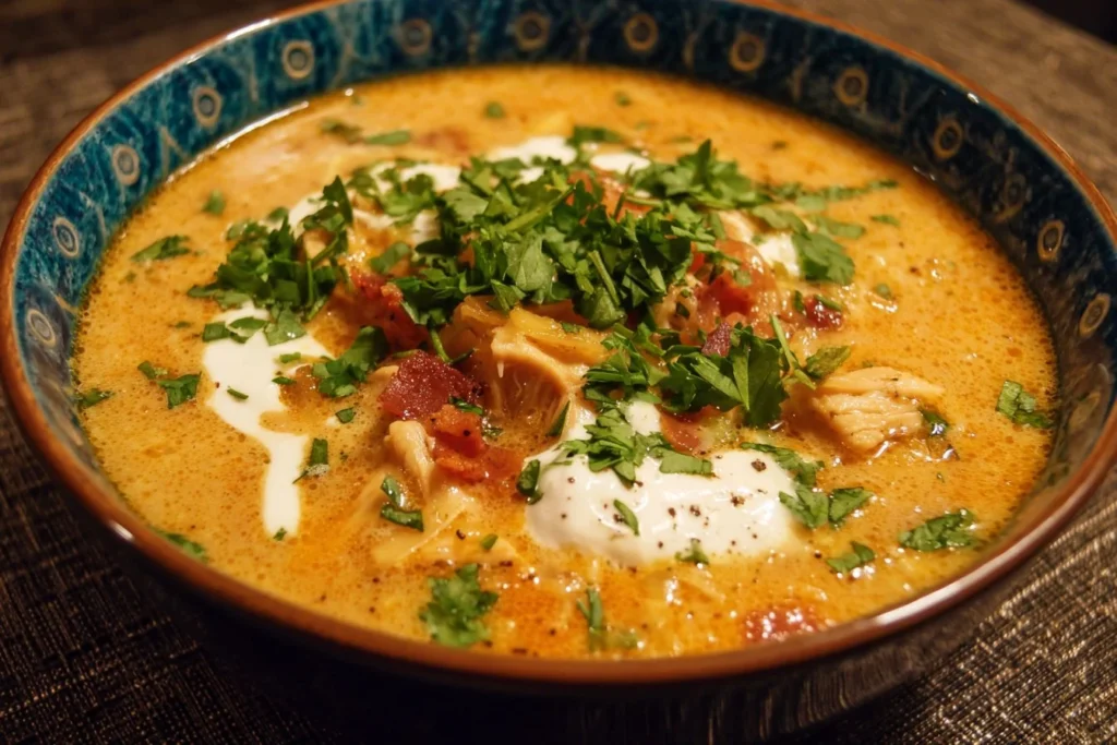Bowl of creamy chicken tortilla soup garnished with crispy tortilla strips