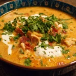 Bowl of creamy chicken tortilla soup garnished with crispy tortilla strips