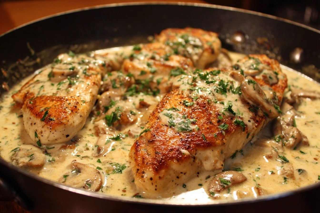Delicious creamy garlic chicken cooked with herbs and spices