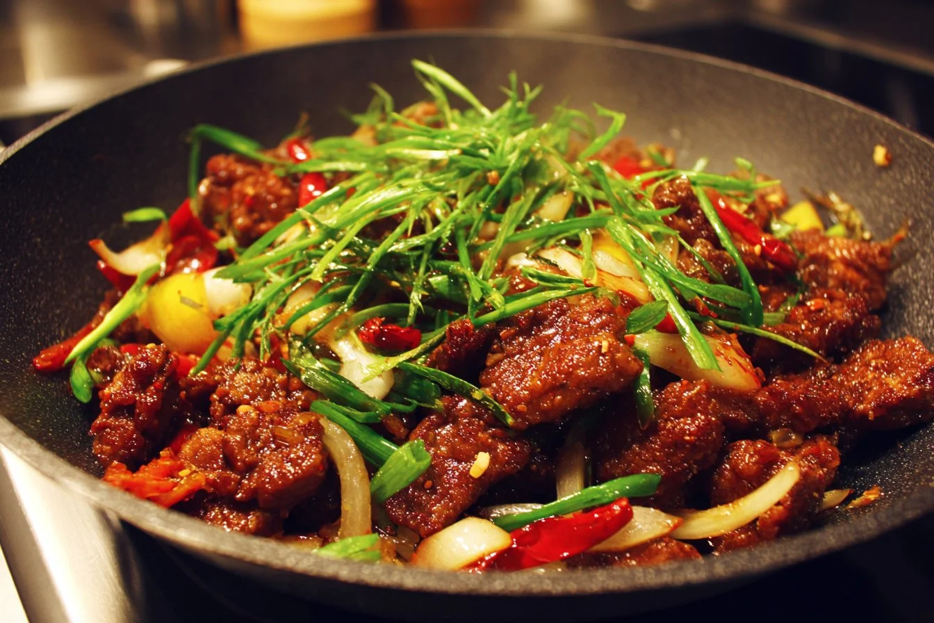 Plate of crispy beef served with vegetables and sauce, showcasing perfect texture.