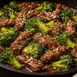 Crock Pot Beef and Broccoli served with rice on a plate