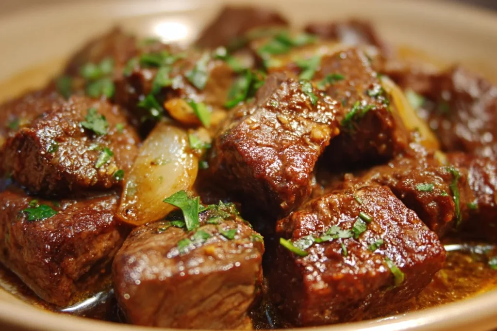 Crock Pot recipe featuring tender beef cubes in a savory sauce.