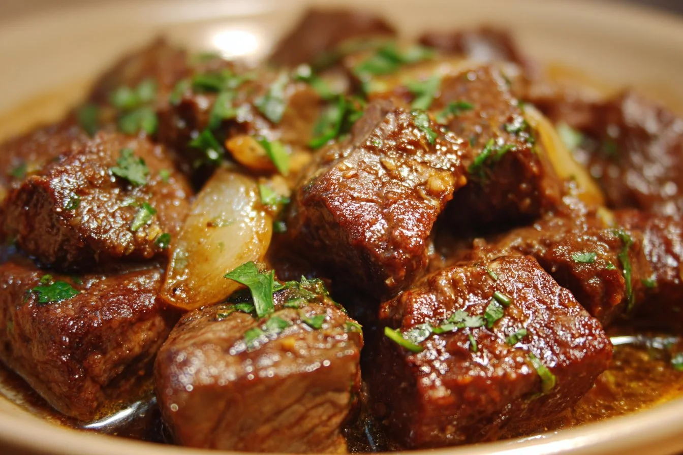Crock Pot recipe featuring tender beef cubes in a savory sauce.