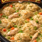 Bowl of Crock Pot Chicken and Dumplings with herbs and vegetables