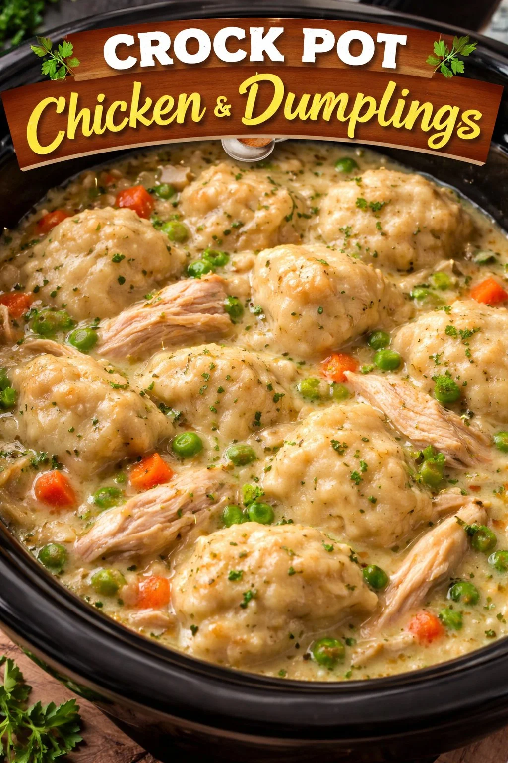 Bowl of Crock Pot Chicken and Dumplings with herbs and vegetables