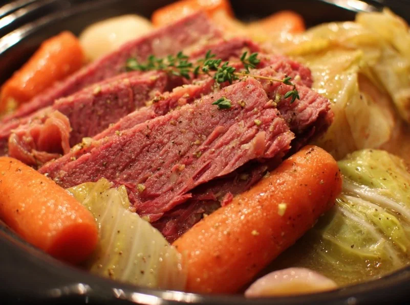 Delicious crock pot corned beef and cabbage dish ready to serve.