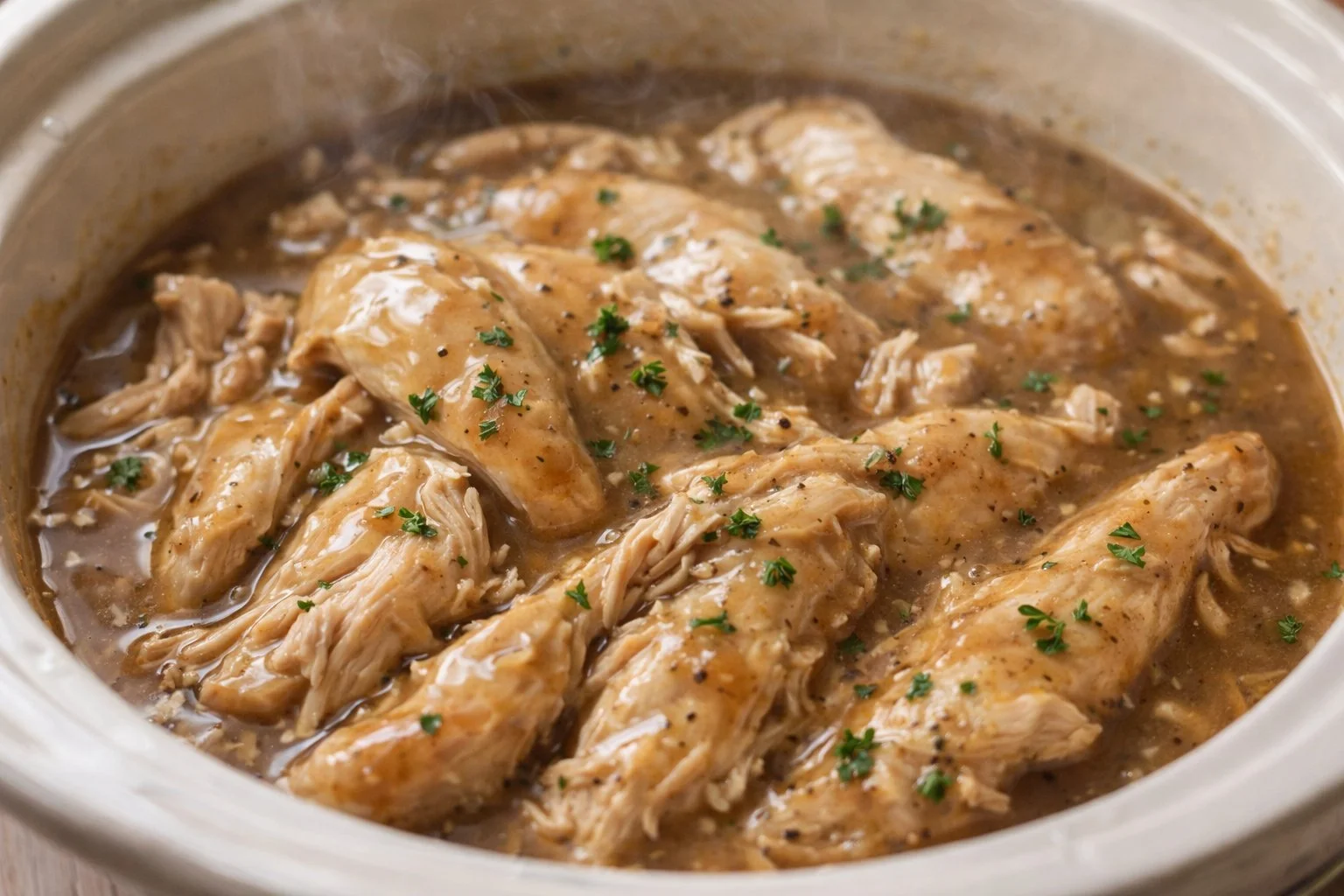 Delicious Crockpot chicken and gravy served in a bowl with rice and vegetables