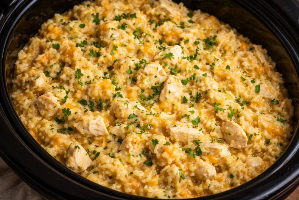 Delicious Crockpot Chicken and Rice served in a bowl with herbs and vegetables.