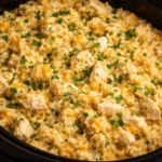 Delicious Crockpot Chicken and Rice served in a bowl with herbs and vegetables.