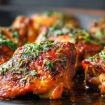 Crockpot Chicken Thighs cooking in a slow cooker with herbs and spices