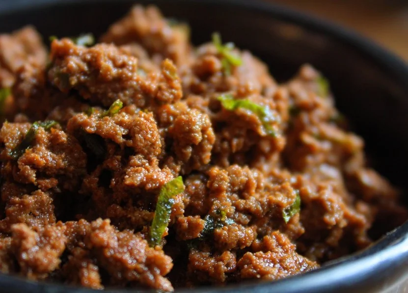 Crockpot ground beef dish ready to serve with vegetables and spices