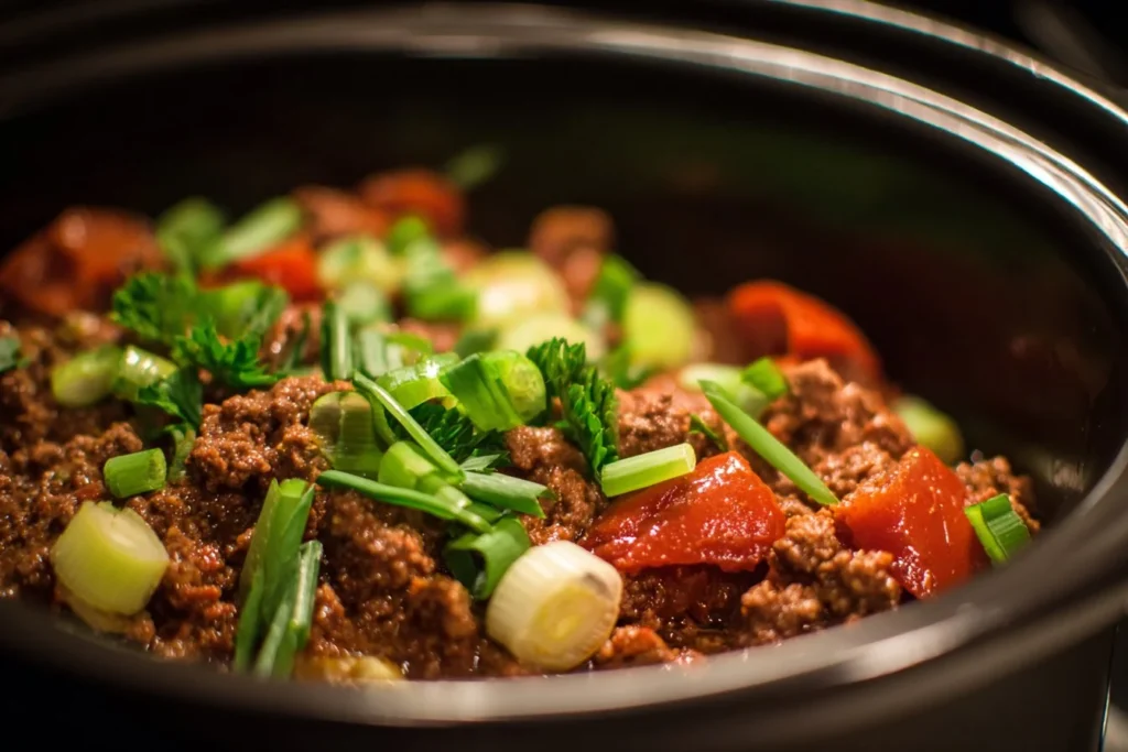 Crockpot ground beef recipe with fresh ingredients in a slow cooker