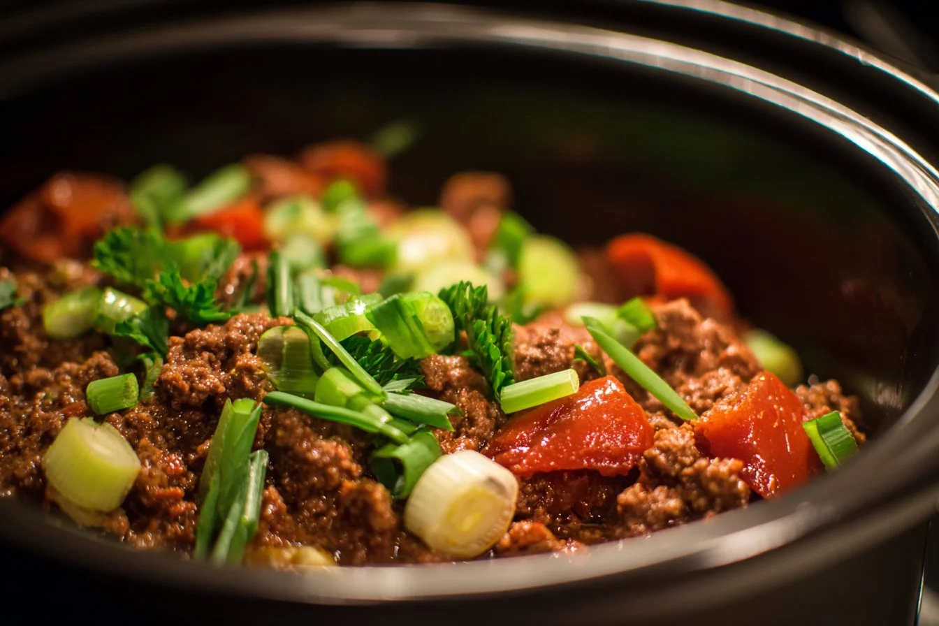 Crockpot ground beef recipe with fresh ingredients in a slow cooker