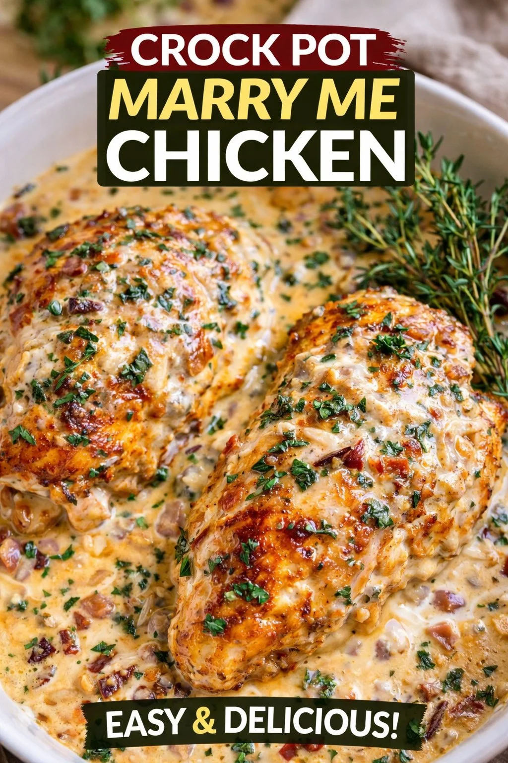 Delicious Crockpot Marry Me Chicken served with creamy sauce and herbs